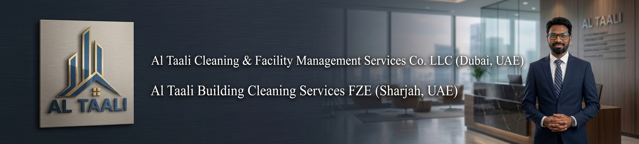 Al Taali company banner with logo and Dubai and Sharjah service names