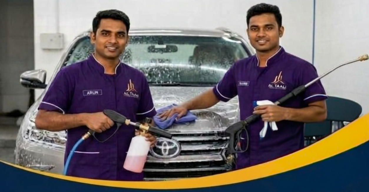 Al Taali team providing professional car washing