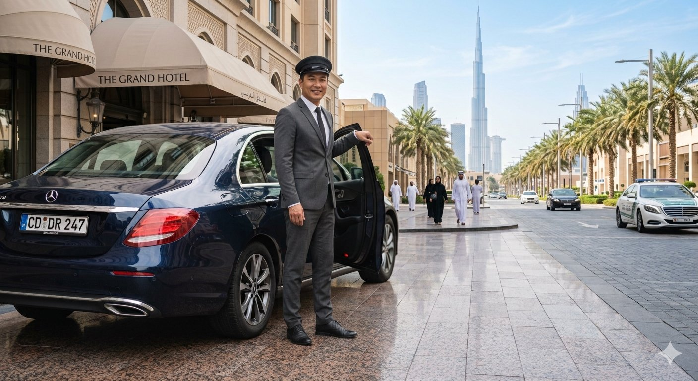 Professional driver beside a car in Dubai