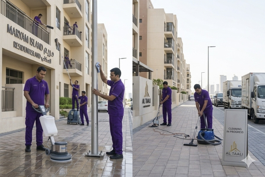 Al Taali team deep cleaning floors, glass and outdoor shared areas