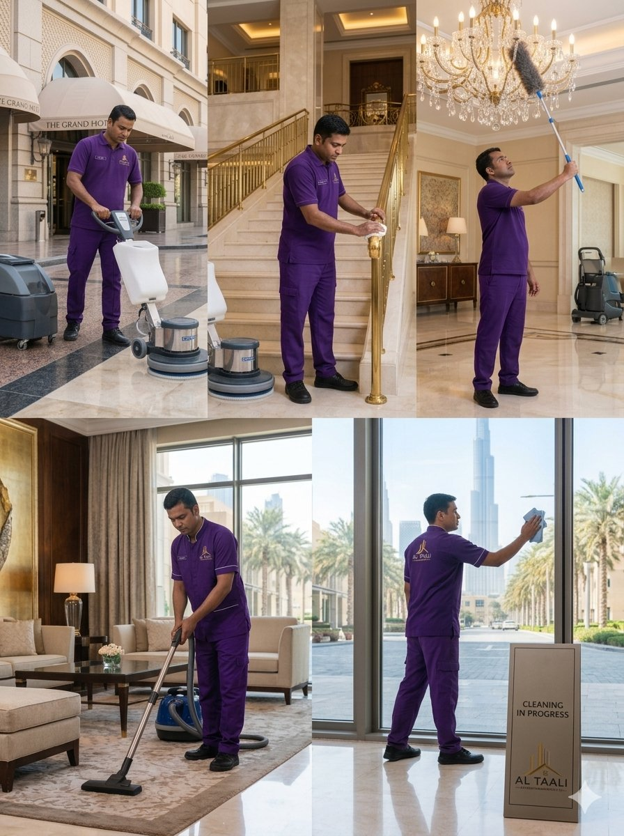 Al Taali housekeeping staff cleaning hotel floors, furniture and windows