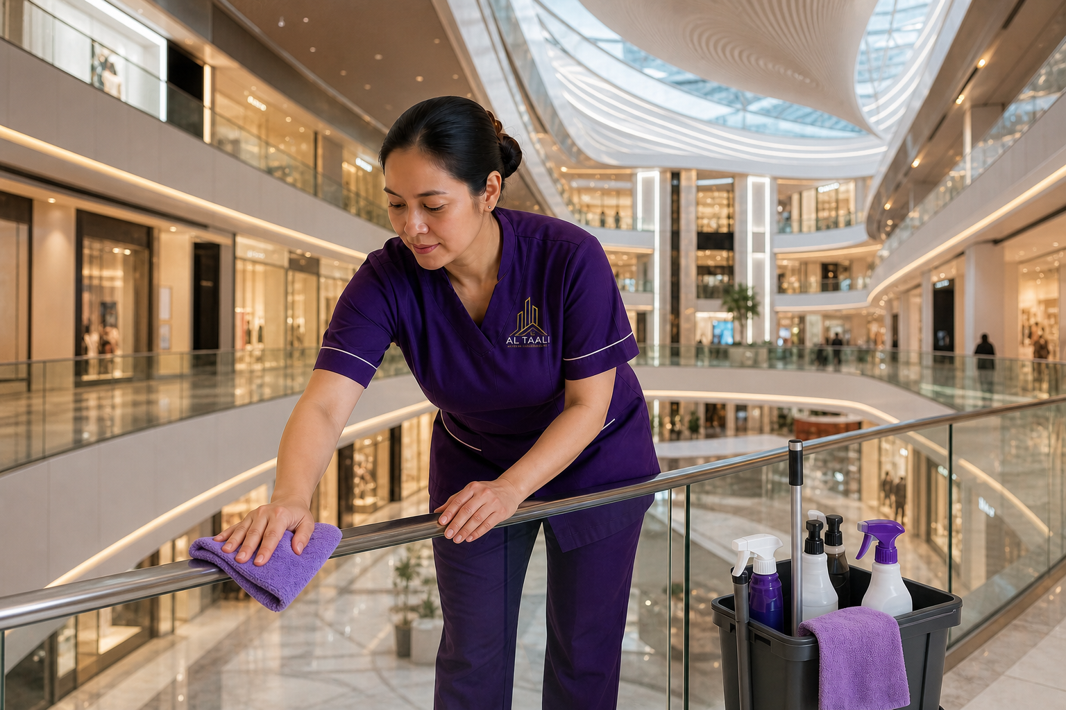 Al Taali facility management cleaner working inside a Dubai shopping mall